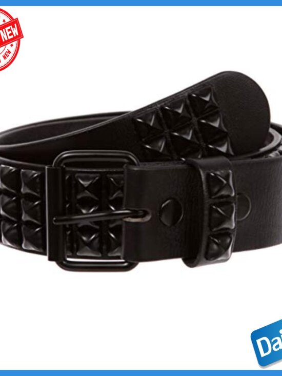 Three Row Studded Leather Belt with Interchangeable Buckle, 1 3/4\